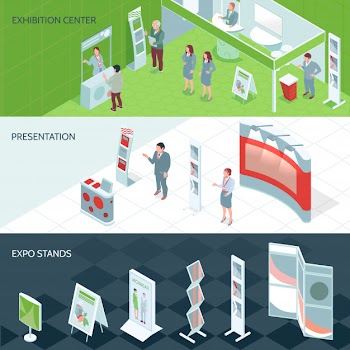 Exhibition center isometric banners Free Vector