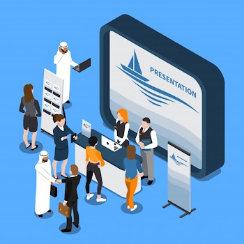 Exhibition stand isometric composition Free Vector