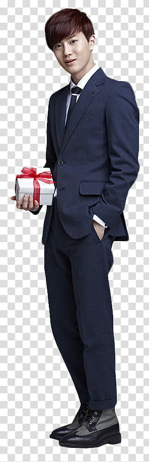EXO LOTTE , man wearing notched lapel -button blazer holding white and red gift box transparent background PNG clipart