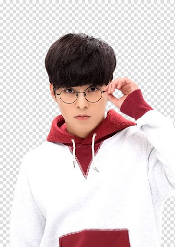 EXO LOVE PLANET P, man touching his black framed hippie eyeglasses transparent background PNG clipart