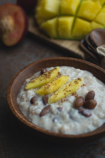 Exotic coconut rice and beans dessert with mango 
