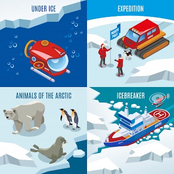 Expedition northern animals discoveries under frozen water ice breaker composition set Free Vector