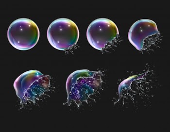 Explosion stages of realistic glossy round rainbow soap bubbles on black  isolated Free Vector