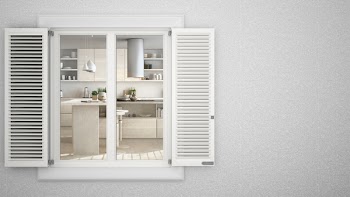 Exterior plaster wall with white window with shutters, showing interior minimalist wooden kitchen with island, blank background with copy space, architecture design concept, 3d illustration