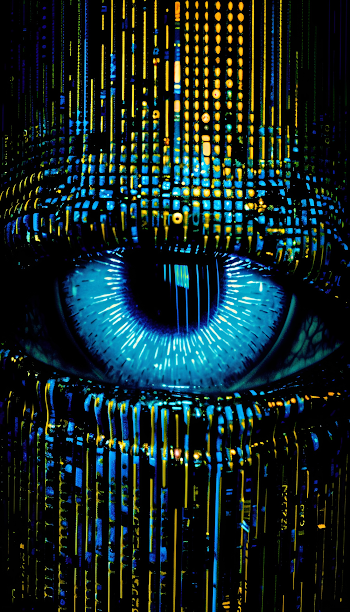 Extreme close up of a cybernetic eye glitching into dot matrix