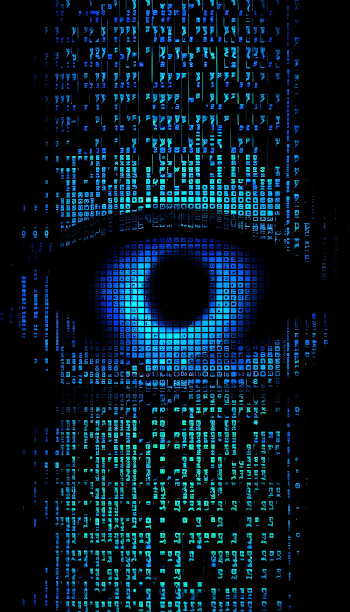 Extreme close up of a cybernetic eye glitching into dot matrix