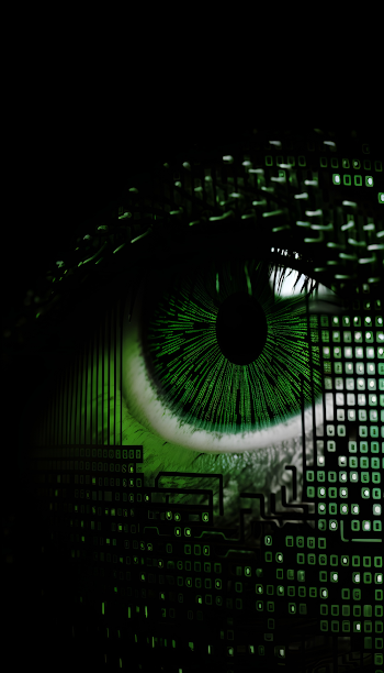 Extreme close up of a cybernetic eye glitching into dot matrix