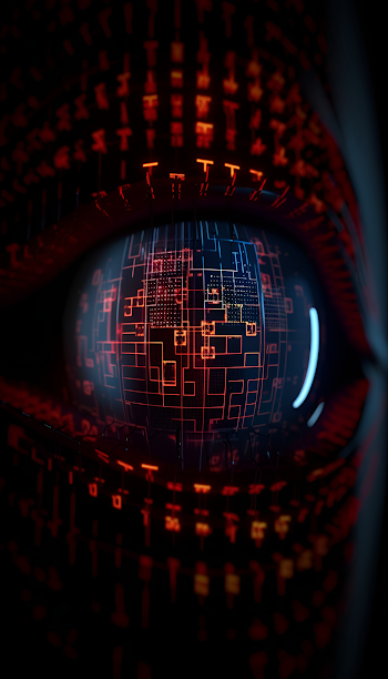 Extreme close up of a cybernetic eye glitching into dot matrix
