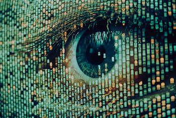 Extreme close up of a cybernetic eye glitching into dot matrix, horizontal shot