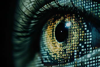 Extreme close up of a cybernetic eye glitching into dot matrix, horizontal shot