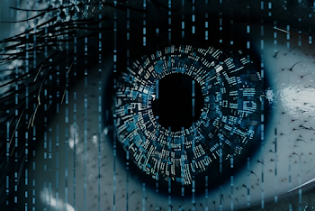 Extreme close up of a cybernetic eye glitching into dot matrix, horizontal shot