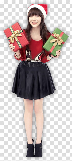 F x, smiling woman wearing Christmas hat holding two gift boxes transparent background PNG clipart