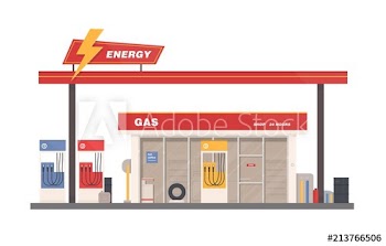 Facade of building of petrol, gas or filling station isolated on white background