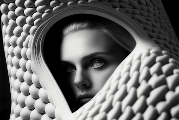 Face generated by A.I - a model looking through a hole in fabric