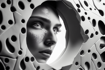 Face generated by A.I - a model looking through a hole in fabric
