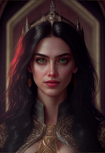 Face generated by AI - a beautiful woman with dark hair, wearing a crown