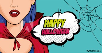 face woman disguised of vampire with cloud and spiderweb style pop art design