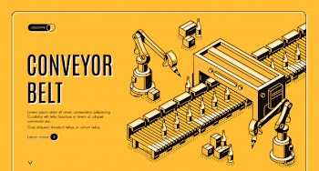 Factory conveyor belt landing page. robotic arms. Free Vector