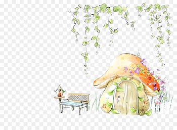 Fairy tale Template Microsoft PowerPoint Illustration - Mushroom small green plants under the house 