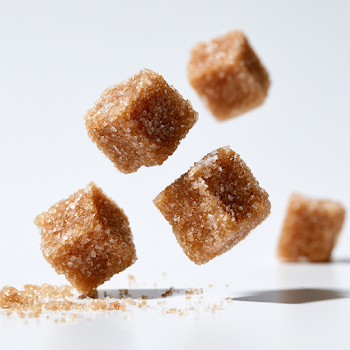 Falling Brown Cane Sugar Cubes Isolated on White Background