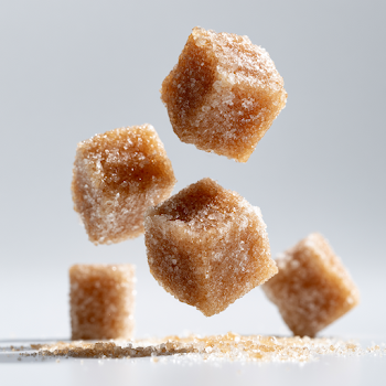 Falling Brown Cane Sugar Cubes on White Background