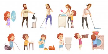 Family cleaning cartoon icons set Free Vector
