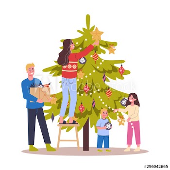 Family decorating christmas tree for a celebration