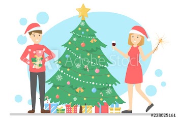Family have fun together at christmas tree