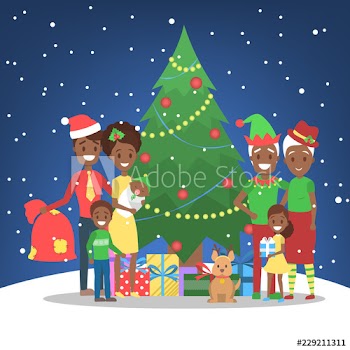 Family have fun together at christmas tree