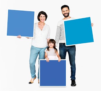 Family holding blue square boards | Free stock psd mockup - 490340