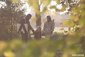 Family holding hands and walking in sunny autumn park