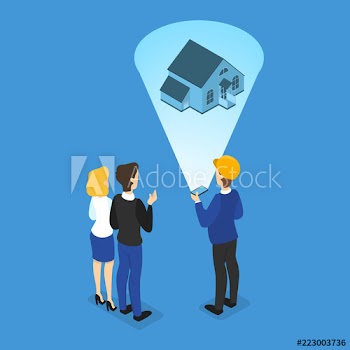 Family looking at the house project isometric