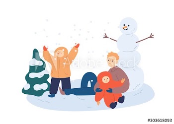 Family making snowman flat vector illustration