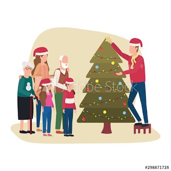 family members celebrating christmas with pine tree