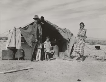 Family of four to be returned to Oklahoma by the Relief Administration. "They won't go until they get so hungry that there's nothing else for them to do. They won't go--not twenty-five percent will go" said a transient case worker in Imperial County.
1936. Photographer Dorothea Lange