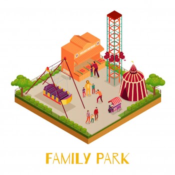 Family park with adults and kids circus marquee attractions shooting galleryisometric illustration Free Vector