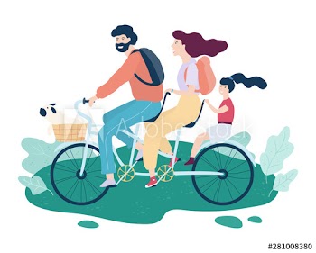 Family riding a tandem bicycle