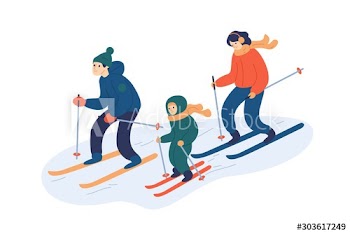 Family skiing together flat vector illustration