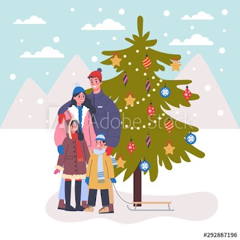 Family standing on the street at the christmas tree