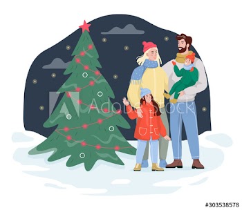Family standing on the street at the christmas tree