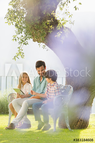 Family using digital tablet on bench below sunny tree in backyard