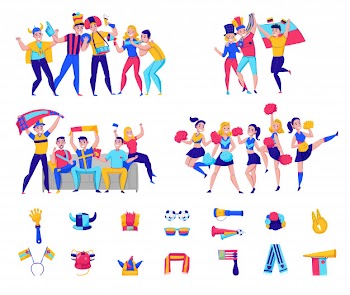 Fans cheering team icon set with groups of people and football attributes cheering for the team  illustration Free Vector