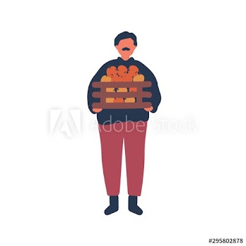 Farmer holding apples crate flat vector illustration