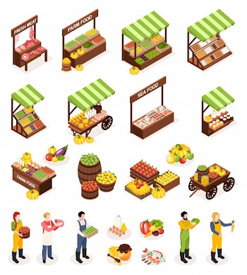 Farmer market isometric icons set of counters boxes casks with fresh meat fruits vegetables dairy and sea produce Free Vector