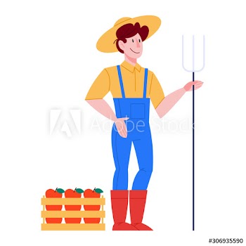 Farmer wearing a hat and overalls and holding a pitchfork