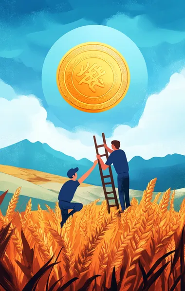 Farmers Painting a Golden Coin in Wheat Field Farmers Painting a Golden Coin in Wheat Field