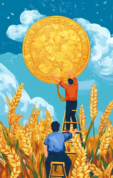 Farmers Painting a Golden Coin in Wheat Fields Farmers Painting a Golden Coin in Wheat Fields