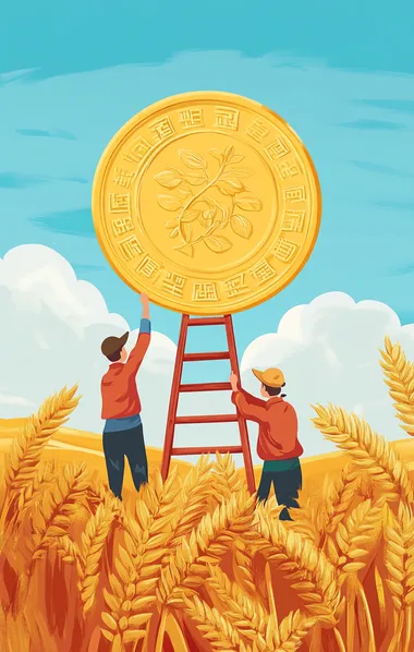 Farmers Painting a Golden Coin in Wheat Fields Farmers Painting a Golden Coin in Wheat Fields