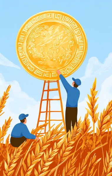 Farmers Painting a Golden Coin in Wheat Fields Farmers Painting a Golden Coin in Wheat Fields