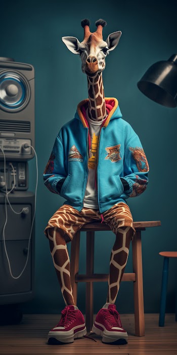 Fashion photography of a anthropomorphic giraffe dressed in large hiphop clothes